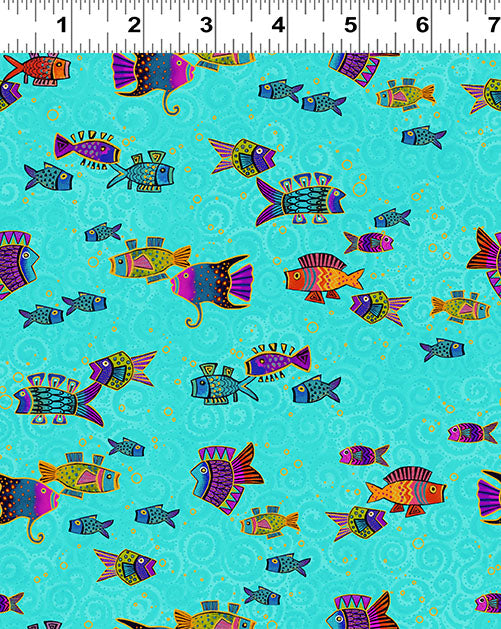 Oceania | Fish - Aqua with Gold Metallic by Laurel Burch for Clothworks | Y4704-33M