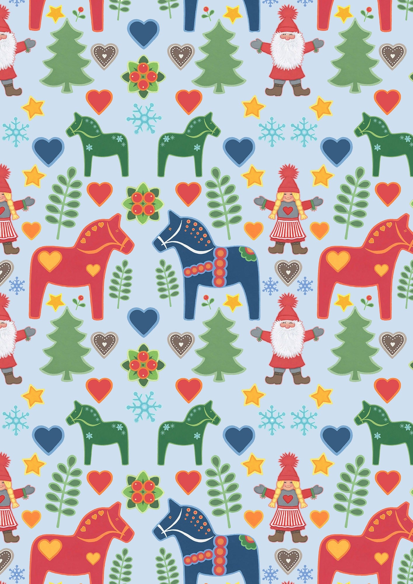 Tomten's Folklore Christmas | Tomtens and Christmas Horses on Light Blue by Eva Melhuish for Lewis & Irene | CE48