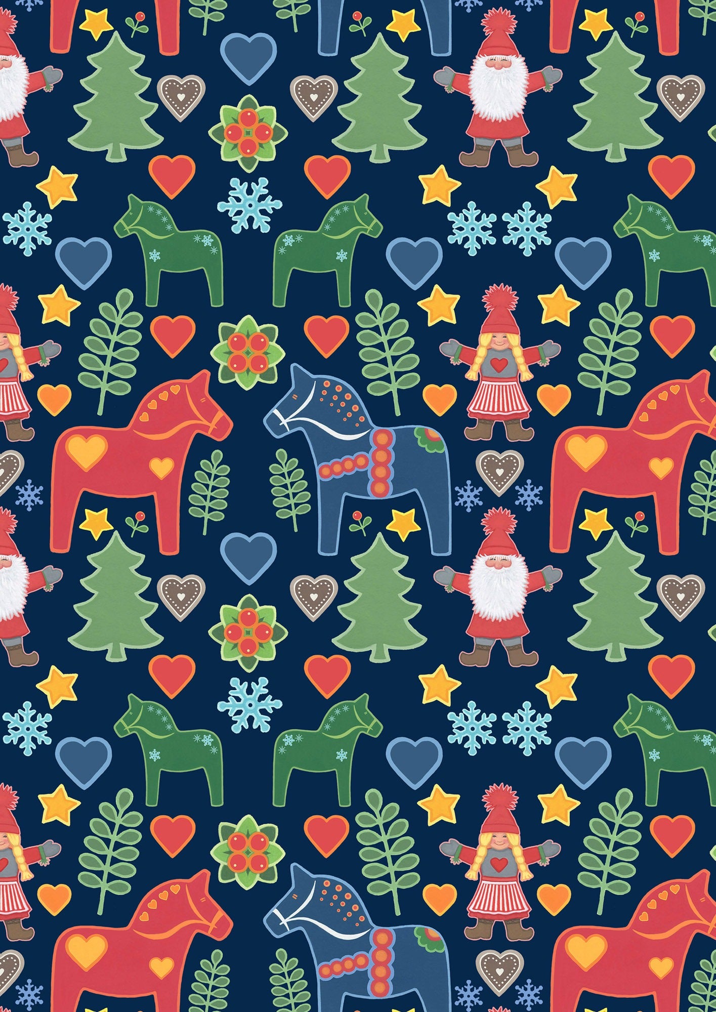 Tomten's Folklore Christmas | Tomtens and Christmas Horses on Dark Blue by Eva Melhuish for Lewis & Irene | CE47
