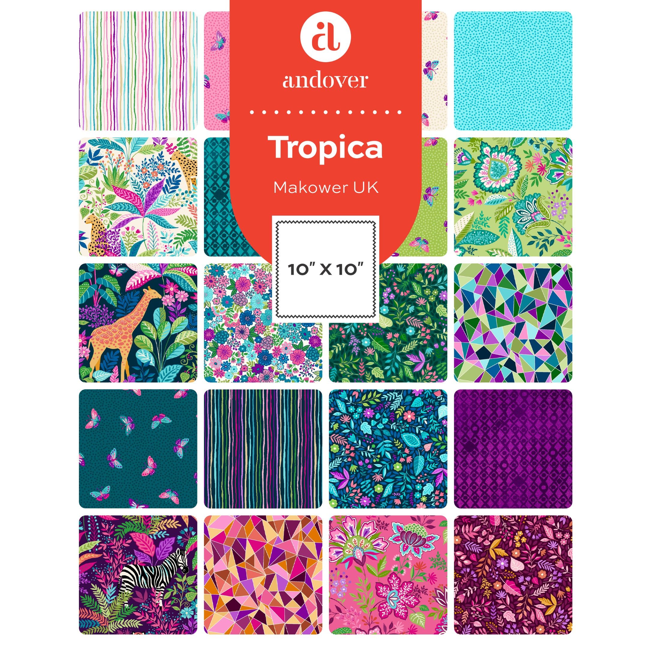 Tropica | 10" Square Pack by Makower UK for Andover Fabrics | 42 pcs